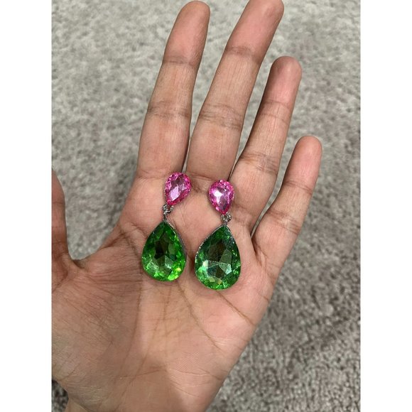 Pink& green earring pink Green crystal green teardrop peridot long green earring - Picture 4 of 10